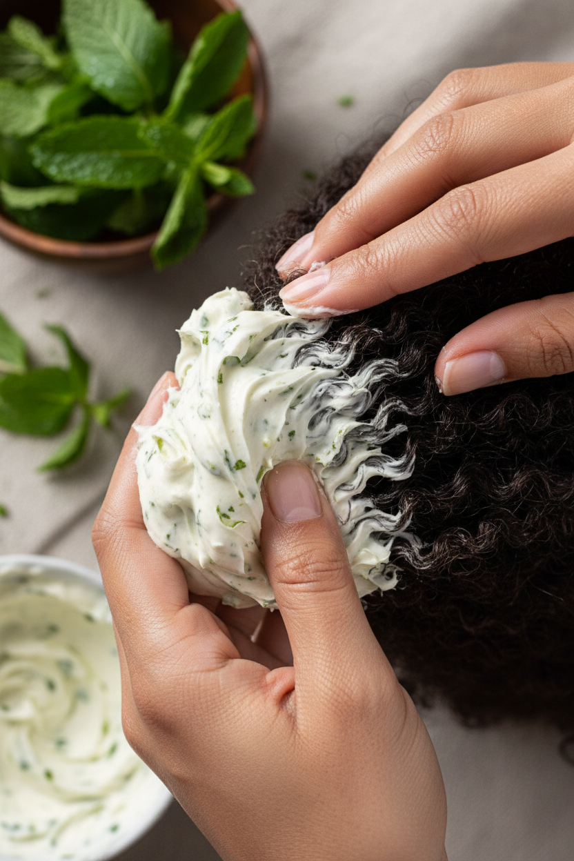 Close-up of cooling shea butter and mint blend being massaged into natural hair