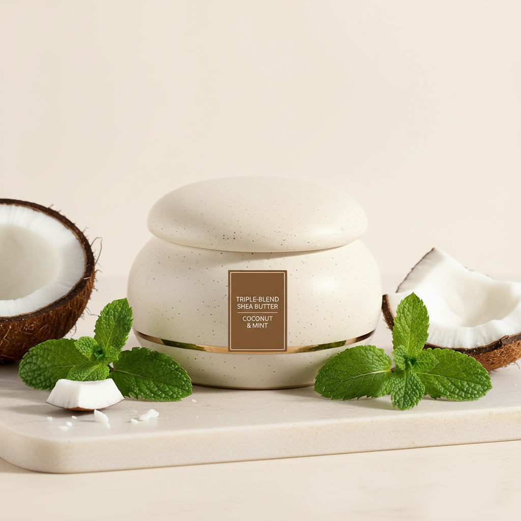Premium triple-blend shea butter with coconut oil and mint in speckled ceramic jar with gold band - C Michelle Natural Luxury