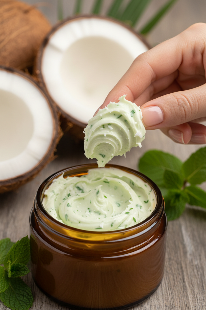 Close-up of creamy shea butter mint coconut oil blend being scooped from jar