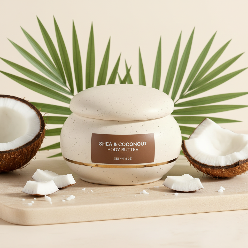 Premium shea butter and coconut oil blend in speckled ceramic jar with gold band - C Michelle Natural Luxury