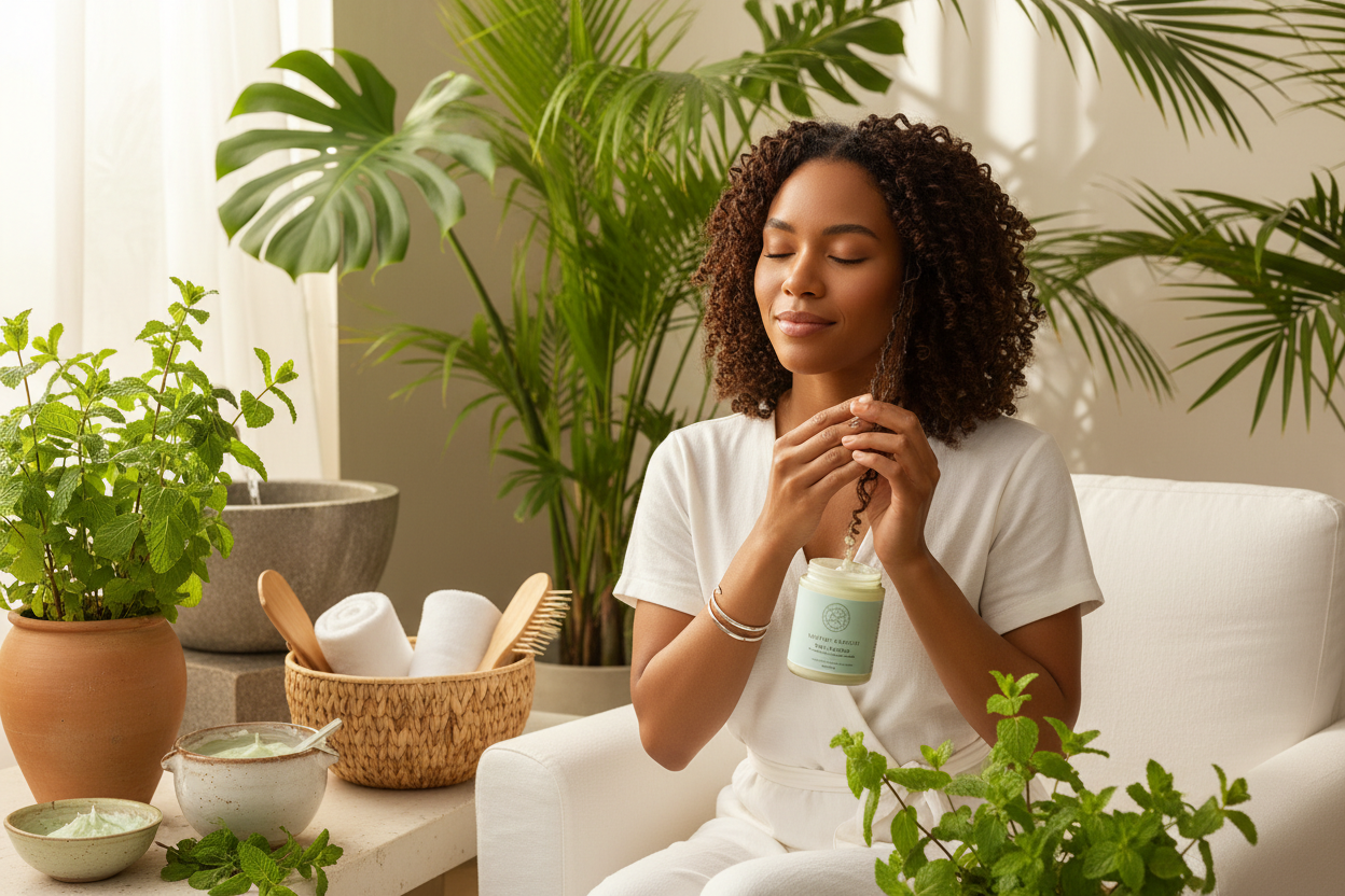 Woman applying shea butter and mint blend in spa setting with fresh mint plants
